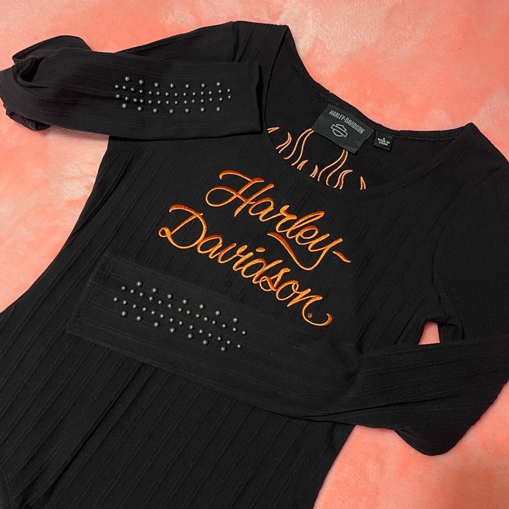 Harley-Davidson Black Body Suit. 
Authentic HD 
Vibrant Orange Script + Flames.